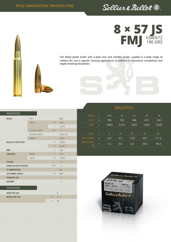 CARTOUCHES SB 8X57JS FMJ 12,7GR VRAC X50+