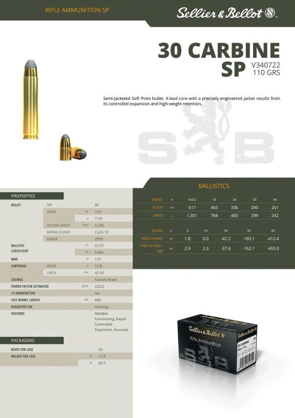 CARTOUCHES SB 30 CARBINE SP 110GRS 7.1G 340722+