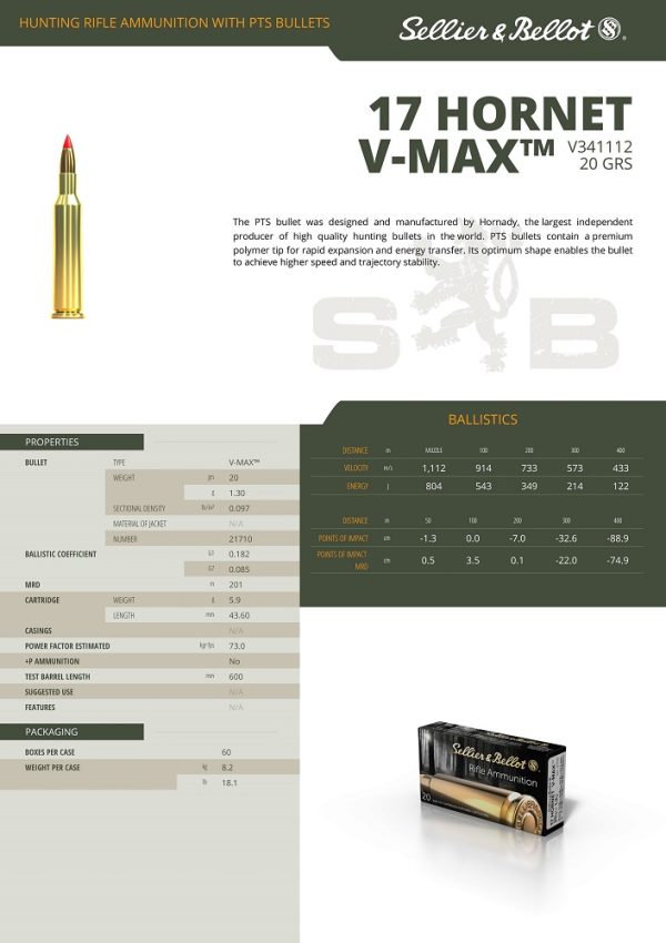 CARTOUCHES SB 17 HORNET V-MAX 20GRS/ 1.3G+