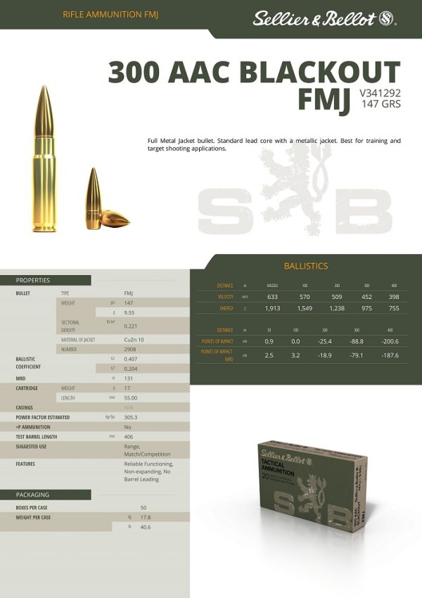 CARTOUCHES SB 300 AAC BLACKOUT FMJ 9.55G+