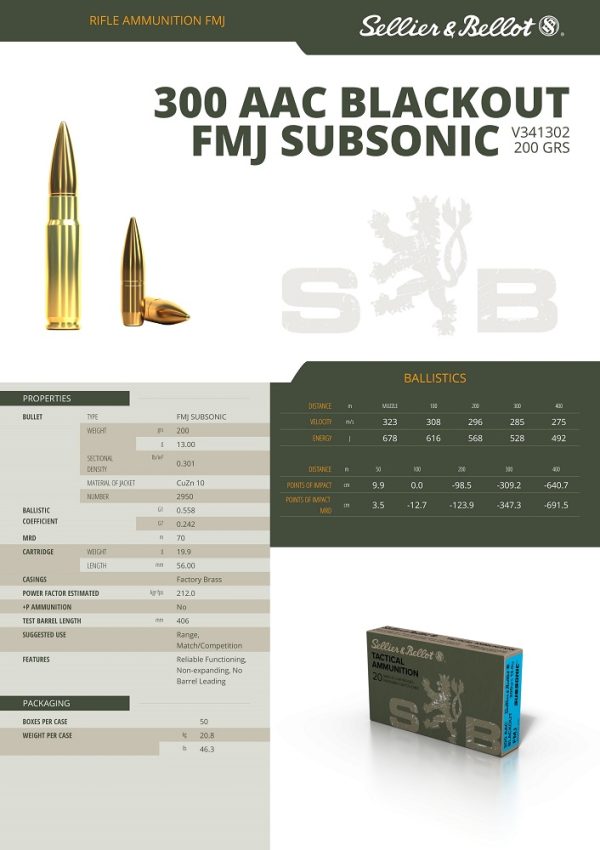 CARTOUCHES SB 300 AAC BLACKOUT FMJ 200/13G SUBSO+