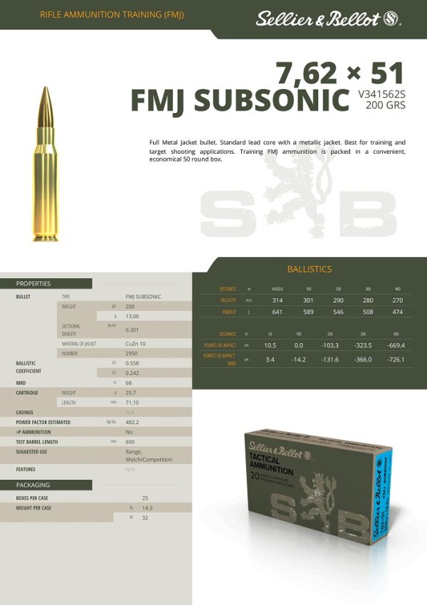 CARTOUCHES SB 7.62x51 (308WIN) SUBSONIC FMJ 13G V341562S x20+