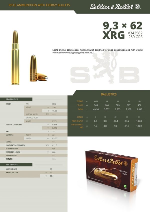CARTOUCHES SB 9,3x62 XRG 250gr/16,2g V342582+