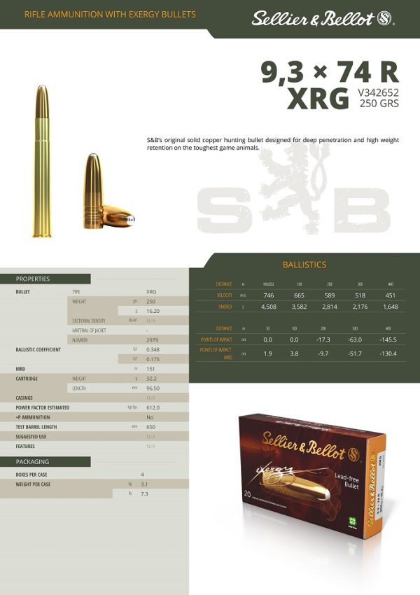 CARTOUCHES SB 9,3x74R XRG 250GR / 16,2G V342652+