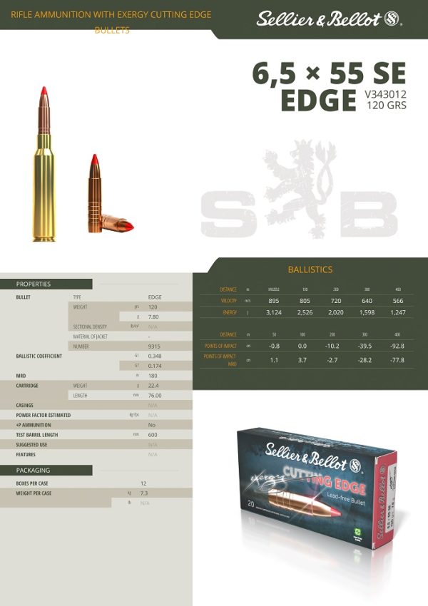 CARTOUCHES SB 6,5x55SE EXERGY EDGE TXRGCE 120g/7,8 V343012+