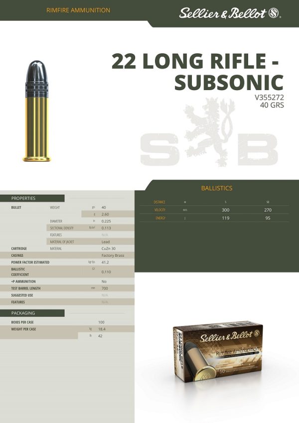 CARTOUCHES SB 22LR SUBSONIC LRN 2.56g x5000 V355242/V355272+