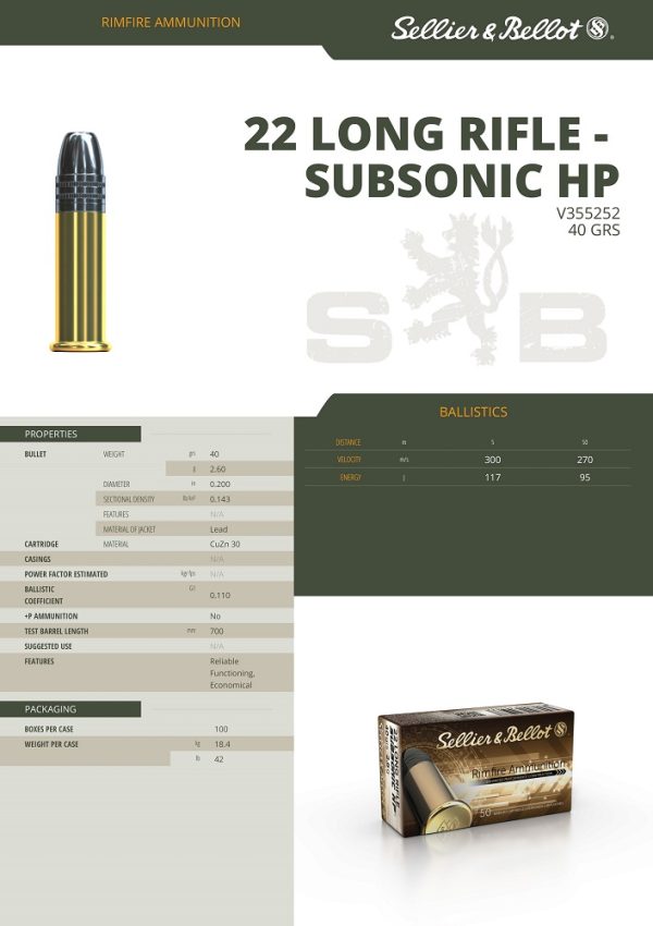 CARTOUCHES SB 22LR SUBSONIC HP 2.56g x5000+