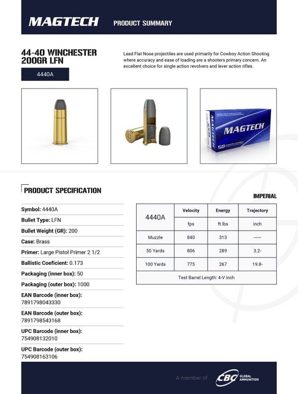 CARTOUCHES MAGTECH 44-40 WIN 200GR LFN 4440A+