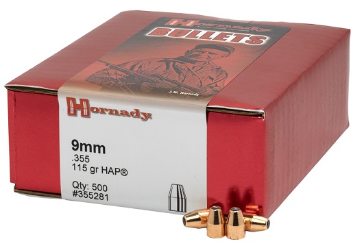 BOITE DE 500 OGIVES HORNADY 9MM .355 115 GR HAP 355281*